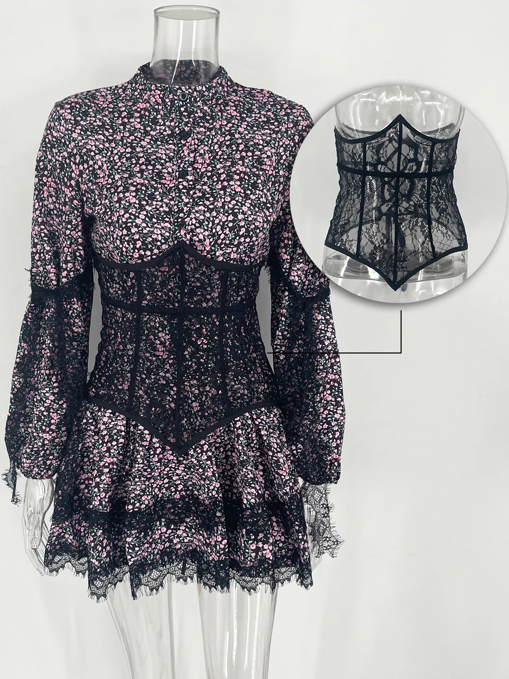 Women's V-Neck Printed Mini Lace Ruffled High Waist Long Sleeve Splice Contrast Slim Fit Bandage Dress