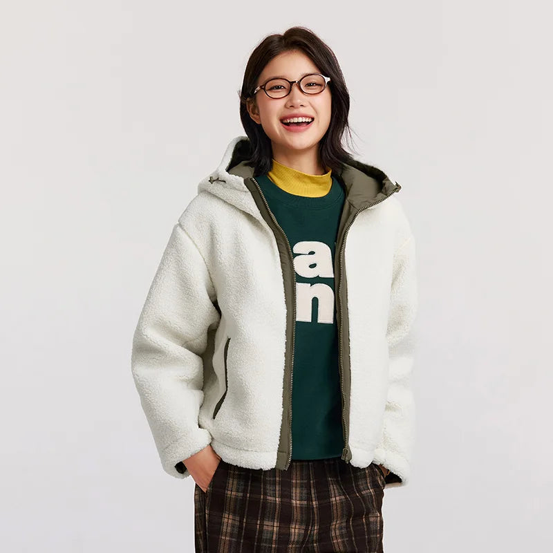 Women's Anti-Static Faux Sherpa Hooded Jacket - Loose Fit Color Block Winter Coat