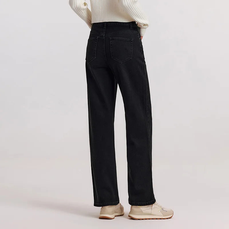 Women's Wide Leg Brushed Denim Jeans - Loose Fit Winter Warm Long Pants