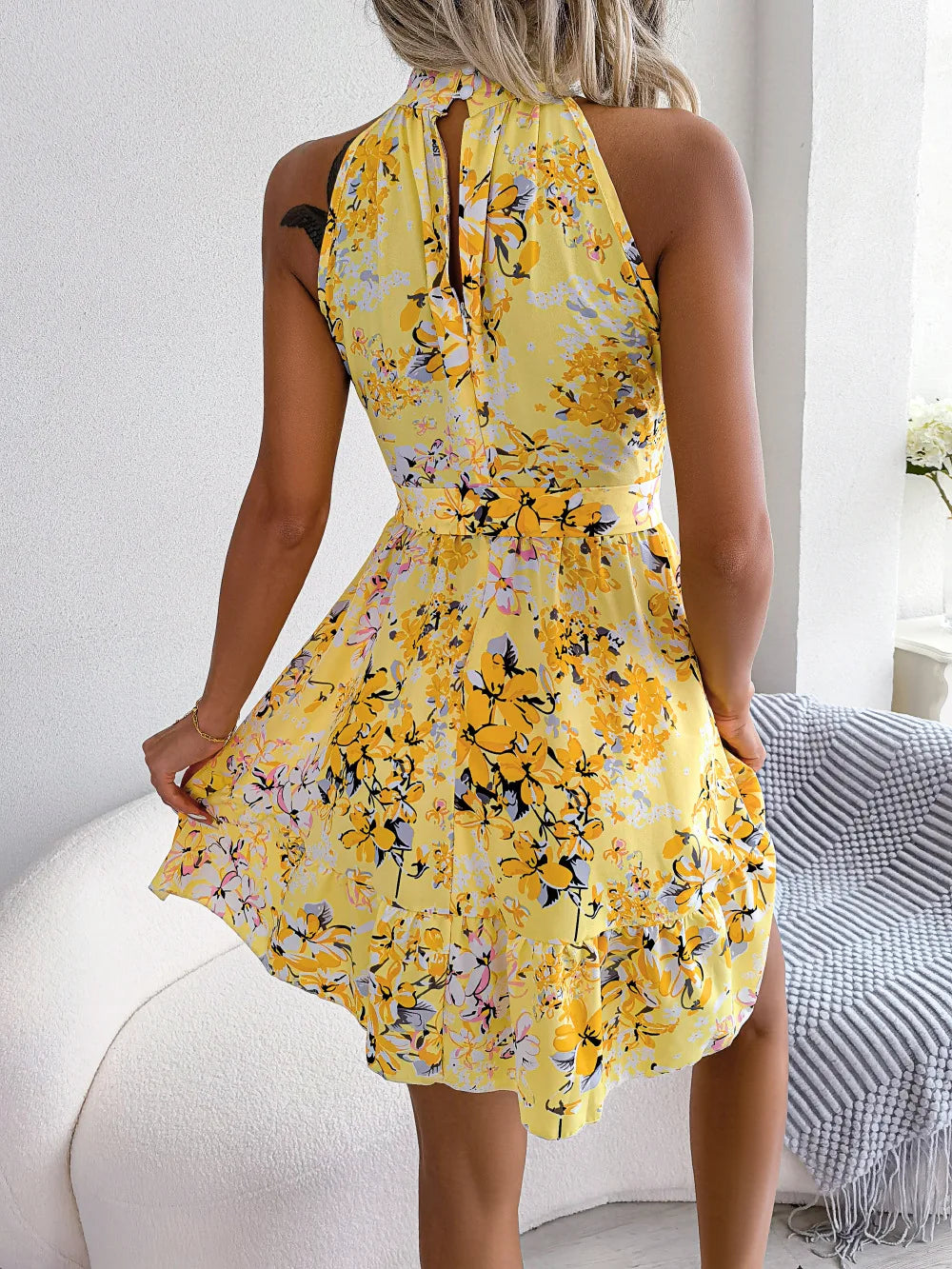 Women's Floral Halter Neck Sleeveless Lace Up Ruffled A Line Spring Summer Short Dress