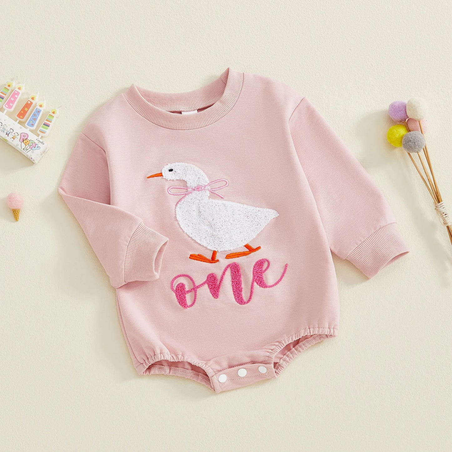 Newborn Baby Birthday Romper - Goose Letter Embroidery Long Sleeve Bubble Jumpsuit