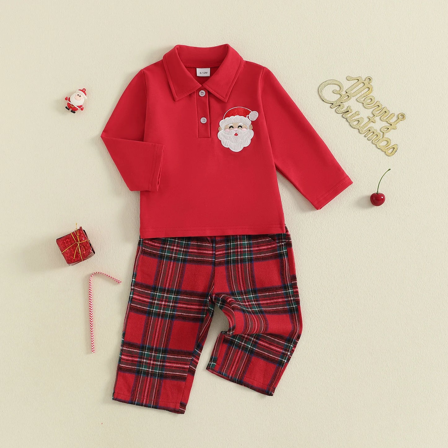 Toddler Kids Boy Christmas Clothes Set - Santa Embroidery Long Sleeve Lapel Pullover & Elastic Waist Plaid Pants