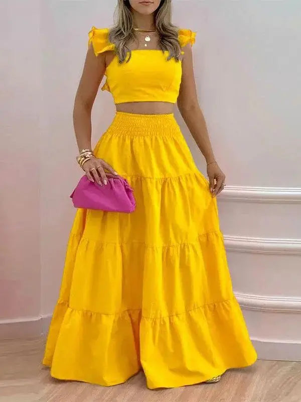 Women's Square Collar Flying Sleeve Ruched Crop Top & A-Line Ankle Skirt Set