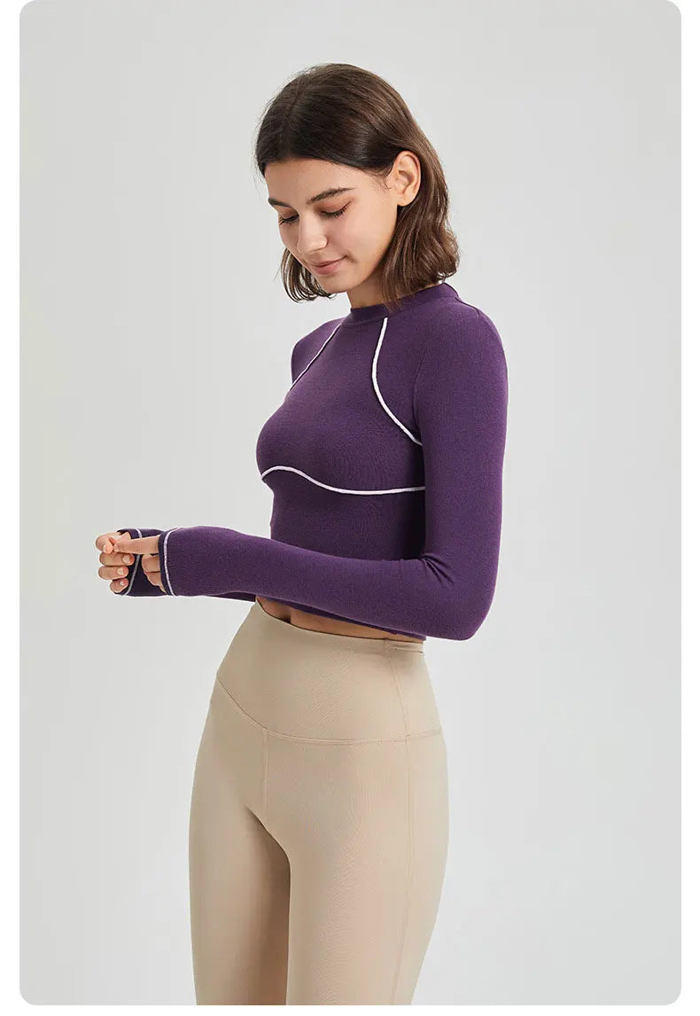 Women's Long Sleeve Yoga Shirt Striped Slim Fit Gym Running Top Round Neck Blouse Breathable Soft Workout Sportswear