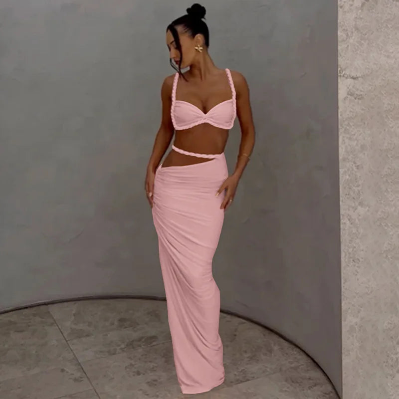 Women's Ruched Bandage 2 Piece Set Backless Decorative Cord Top and Skirt Dress Set