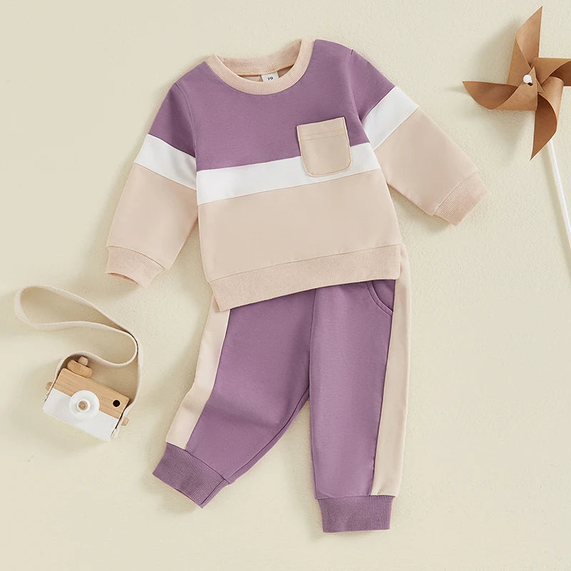 0-4Y Toddler Kids Boys Girls Fall Clothes Sets Contrast Long Sleeve Sweatshirt Tops and Pants Set