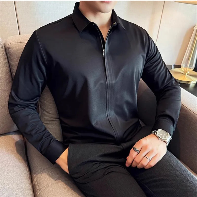 Men's Zipper Long Sleeve Smart Casual Slim Fit Turn Down Collar Shirt