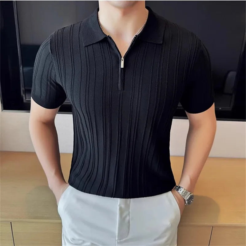 Men's Summer Polo Knitted Short Sleeve Smart Casual Turn Down Collar Half Zipper Shirt