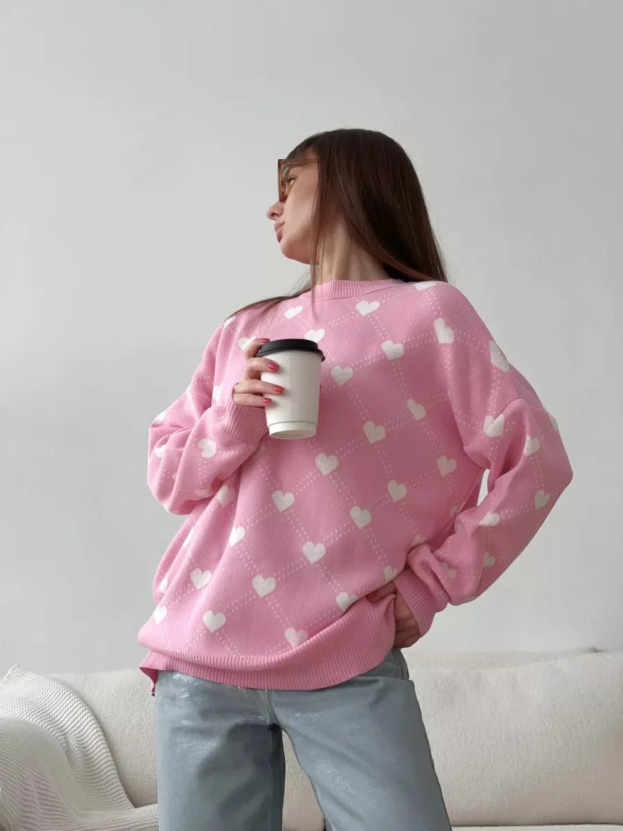 Women's Love Heart Printed Round-neck Pullover Sweater