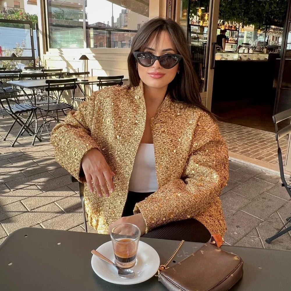 Women's Glitter Chic Sequined Long Sleeve Gold Bomber Jacket