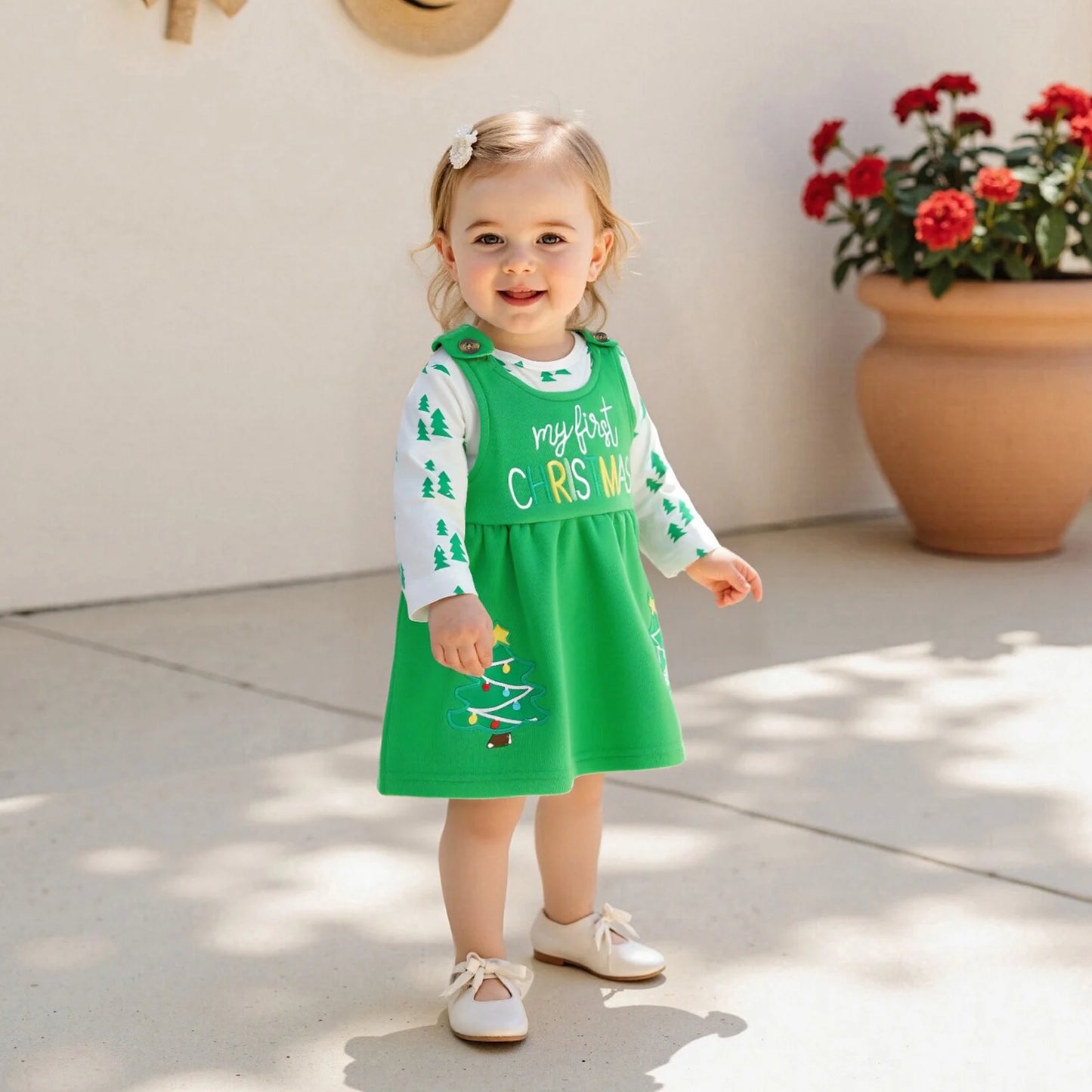 Baby Girls Christmas Clothes Set - Xmas Tree Print Long Sleeve Romper & Letter Embroidery Sleeveless Dress