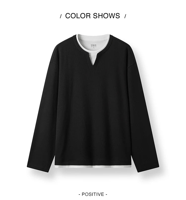Colorblock Layered Look Waffle Texture Long Sleeve T-Shirt - Men's Loose Fit Top