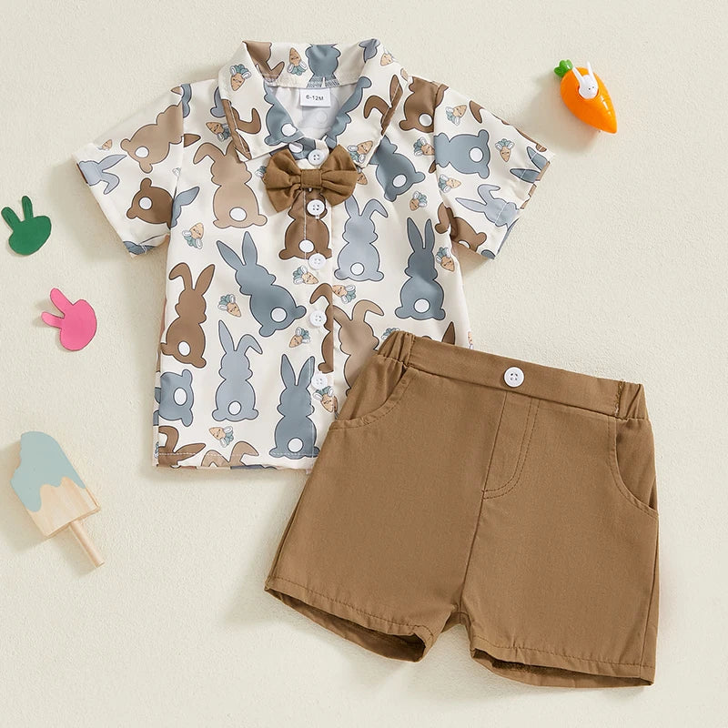 0-4Y Kids Boys Easter Gentleman Clothes Set Bunny Print Short Sleeve Button-up Bow Tie Shirt Elastic Shorts