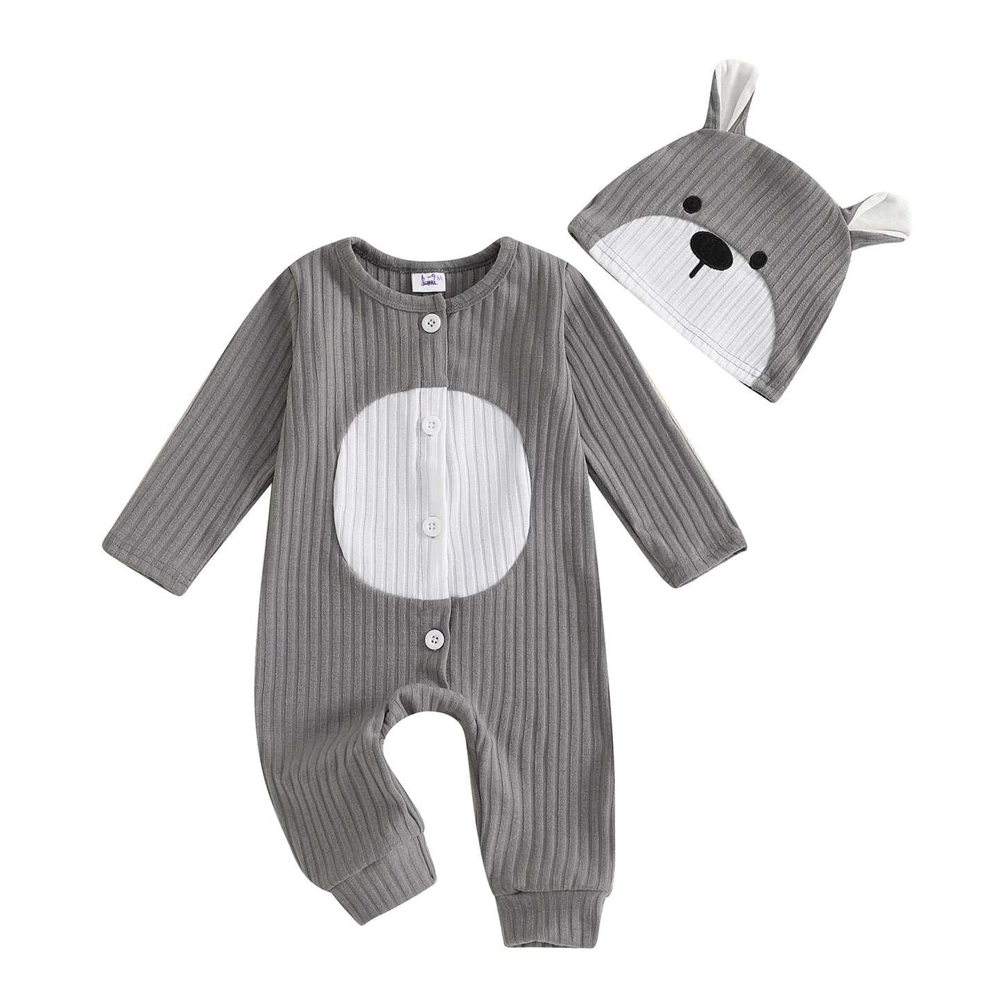 0-18M Newborn Baby Boys Romper Animal Cartoon Print Long Sleeve Crew Neck Full Length Button Down Jumpsuit with Hat