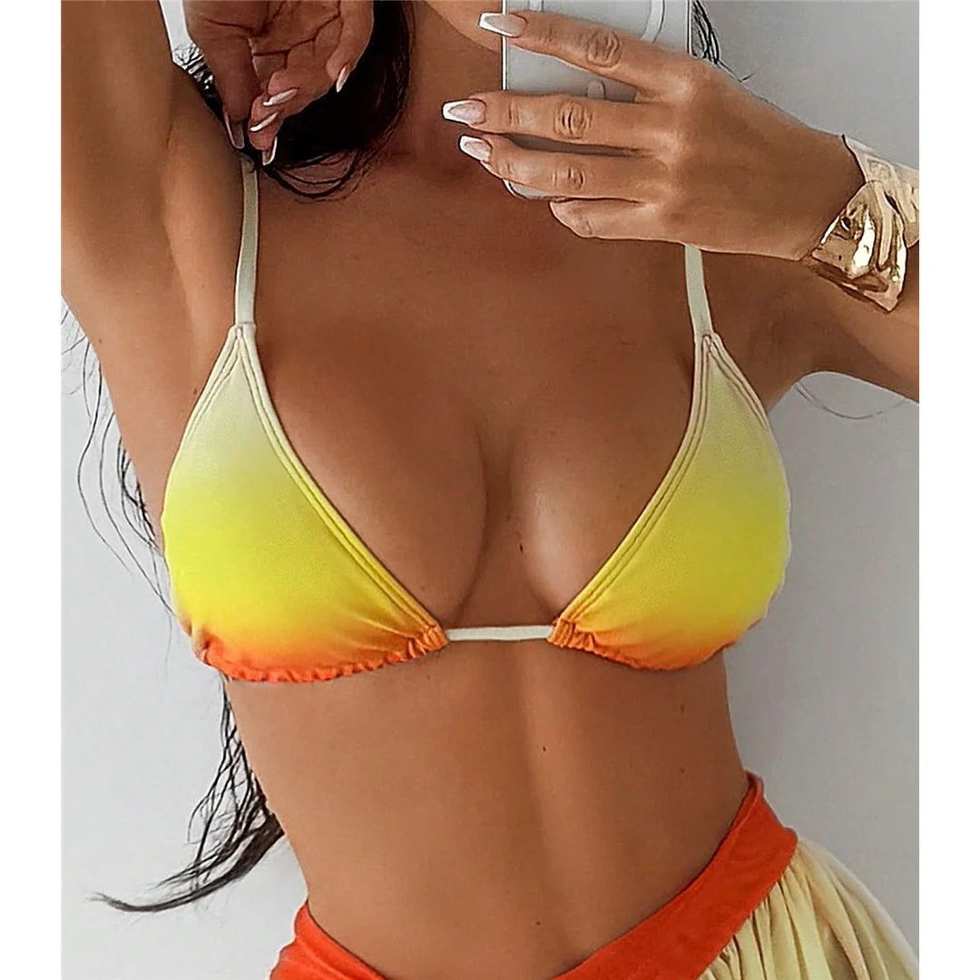 Women's With Sarong Gradient Halter Bikini Swimsuit Swimwear Three-pieces Bikini set