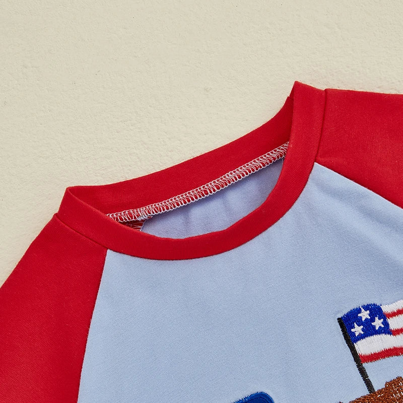 0-4Y American Flag Baby Boys Clothes Sets Tractor Embroidery Patchwork Short Sleeves T-Shirt Star Stripe Shorts