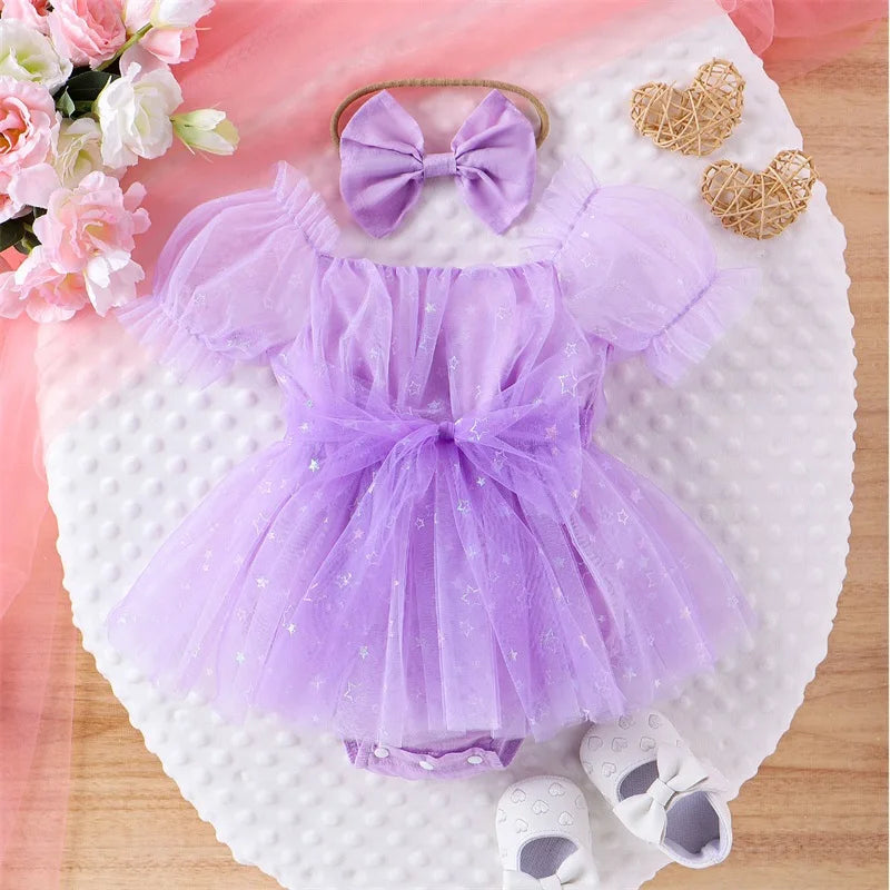 0-24M Princess Baby Girls Summer Romper Dress Short Sleeve Star Print Bowknot Tulle Patchwork Jumpsuits with Headband