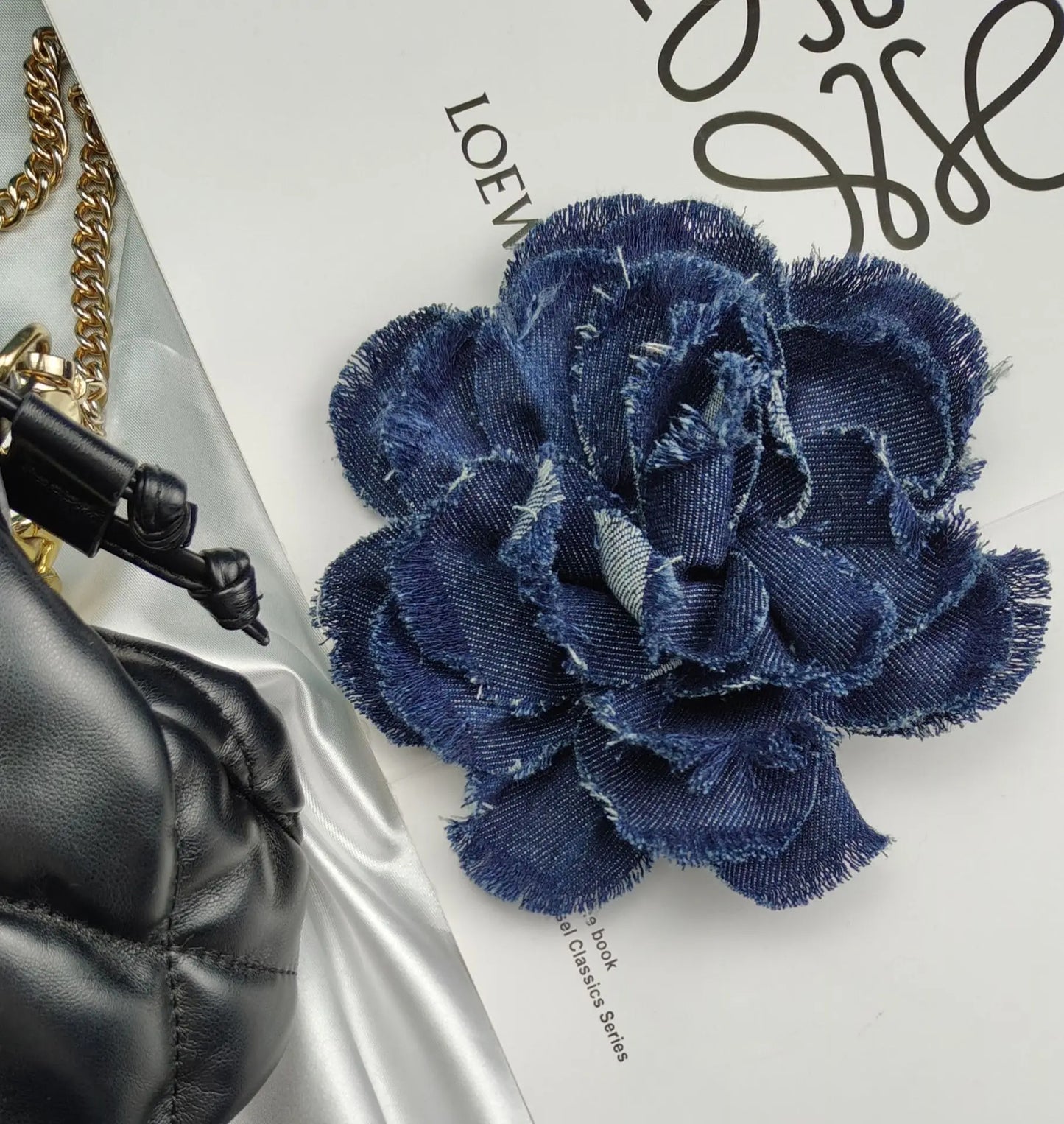 Handmade Denim Rose Flower Brooch - 15cm Fashion Corsage Lapel Pin