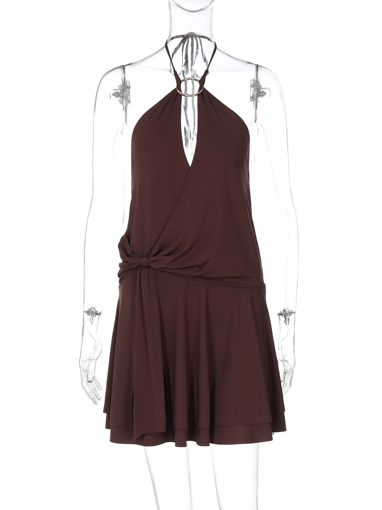 Women's Elegant Ruched Halter Backless Mini Dress - Draped V Neck