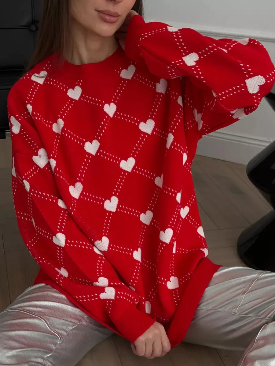 Women's Love Heart Printed Round-neck Pullover Sweater