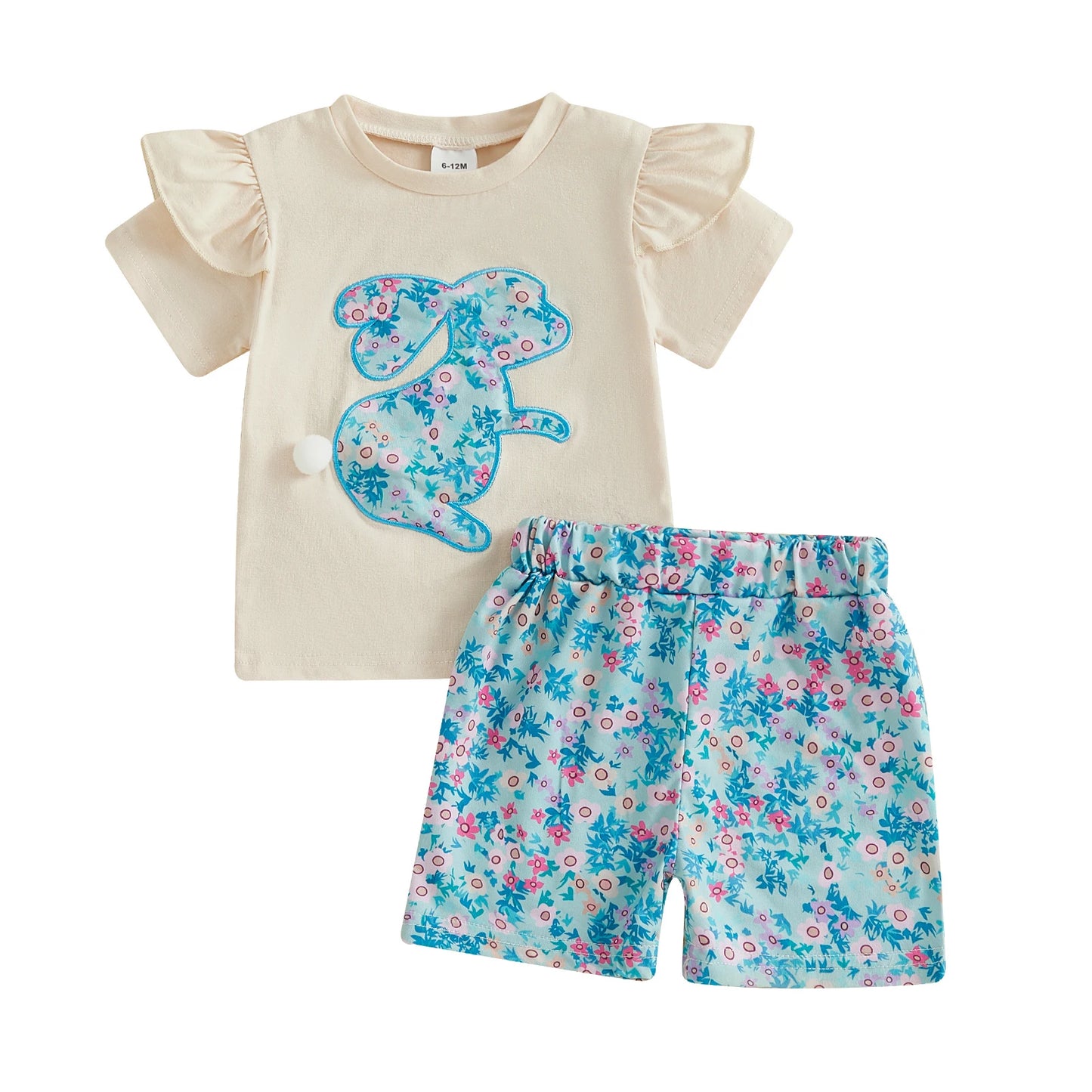 0-4Y Kids Girls Easter Clothes Set Rabbit Floral Print Short Sleeve Ruffled Tops Elastic Waistband Shorts