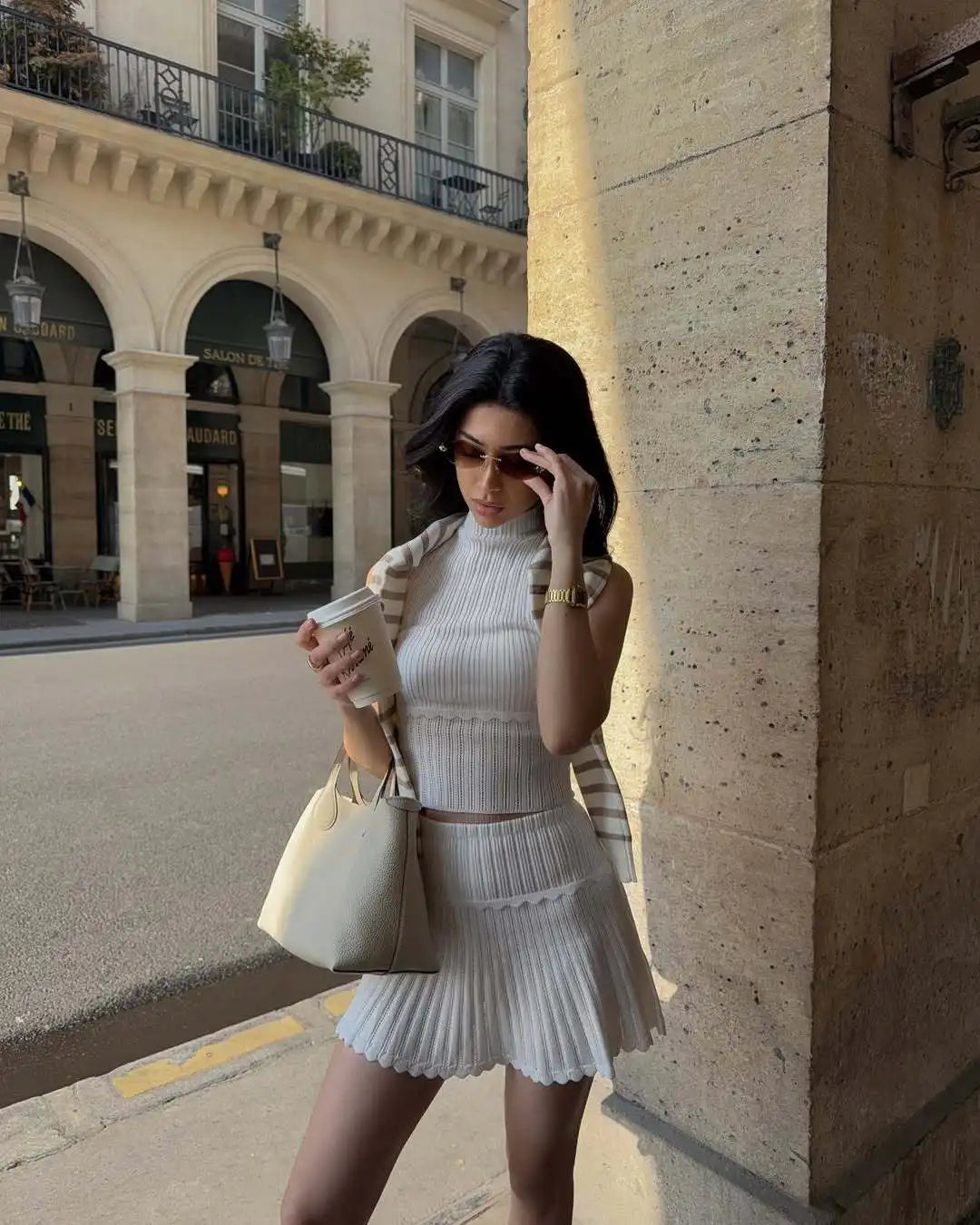 Women's Knitted Sleeveless 2 Piece Co-ord Set - Mini Skirt & Top