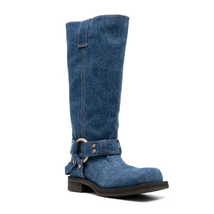 Women's Blue Cowboy Metal Ring Motorcycle Boots Belt Buckle Design 3.5cm Thick Heel Knight Boots Women's Square Head Fashion Boots 34-44