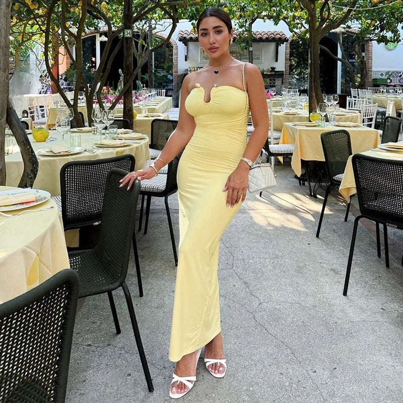 Women's U-neck Tube Top Pleated Bodycon Party Long Sleeveless Dress