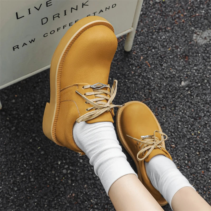 Men's Platform Leather Sneakers - Lace-Up Work Shoes