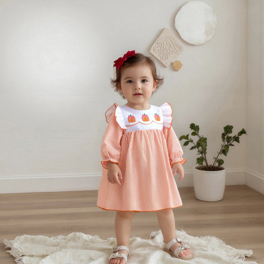 Toddler Girls Halloween Dress - Pumpkin/Ghost Embroidered Ruffle Long Sleeve Striped A-Line Dress