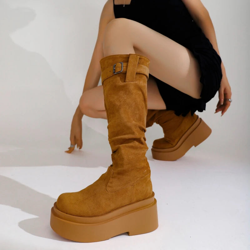 Women's Suede Round Toe Knee High Buckle Pleats Boots