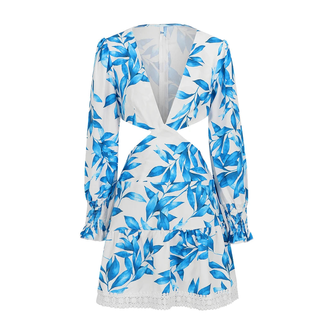 Women's Summer Print Lace Long Sleeve Deep V Naked Waist A-line Mini Dress