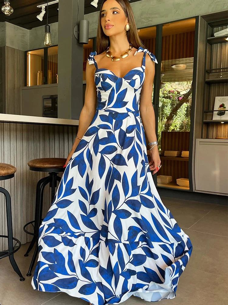 Women's Summer Print Long Lace Up Sling Party Pattern Straps Hollow Out V-Neck Beach Dress