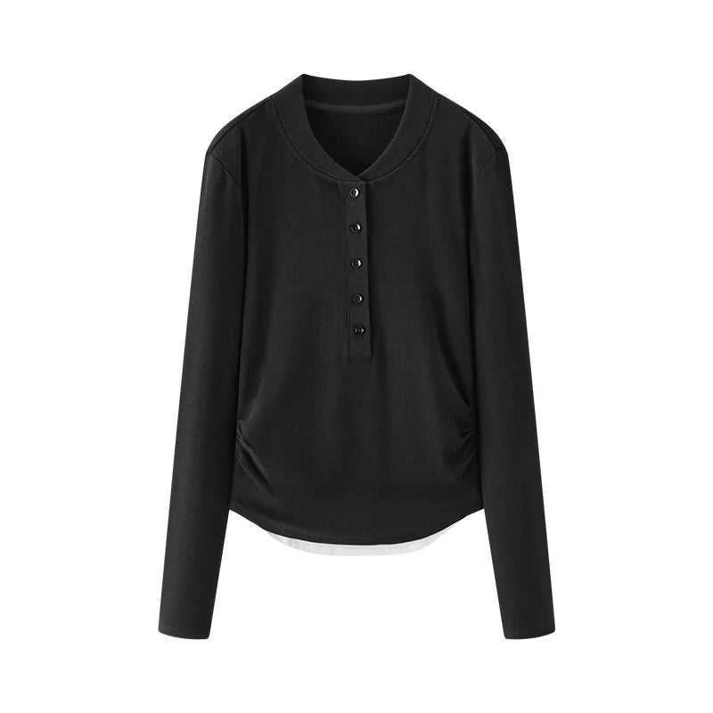 Long Sleeve Cropped Thermal Fleece Layered Henley Neck Slim Fit Top