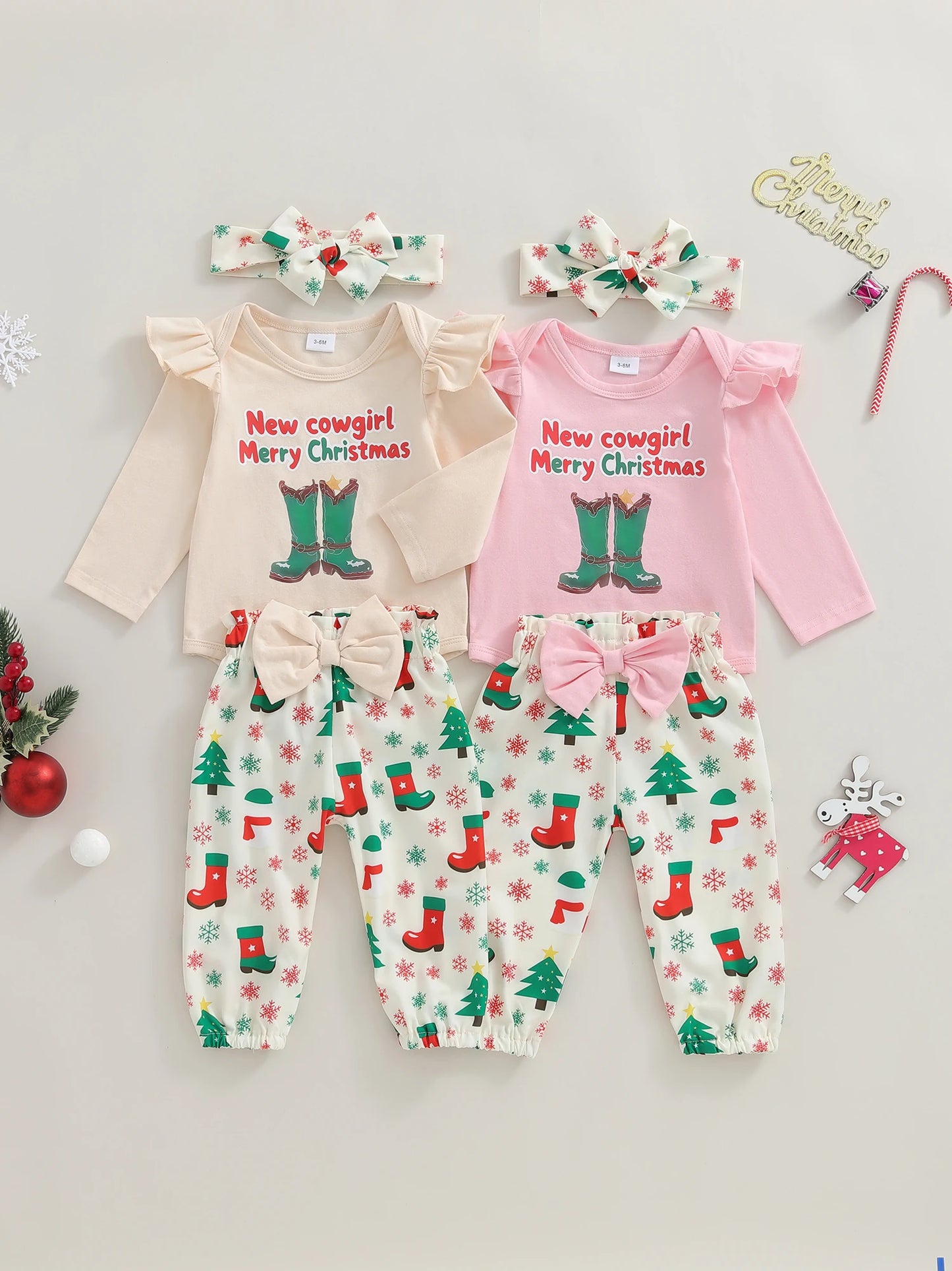 Baby Girls Christmas Outfit Set - 3-Piece Letter Long Sleeve Romper, Pants & Bow Headband (0-18M)
