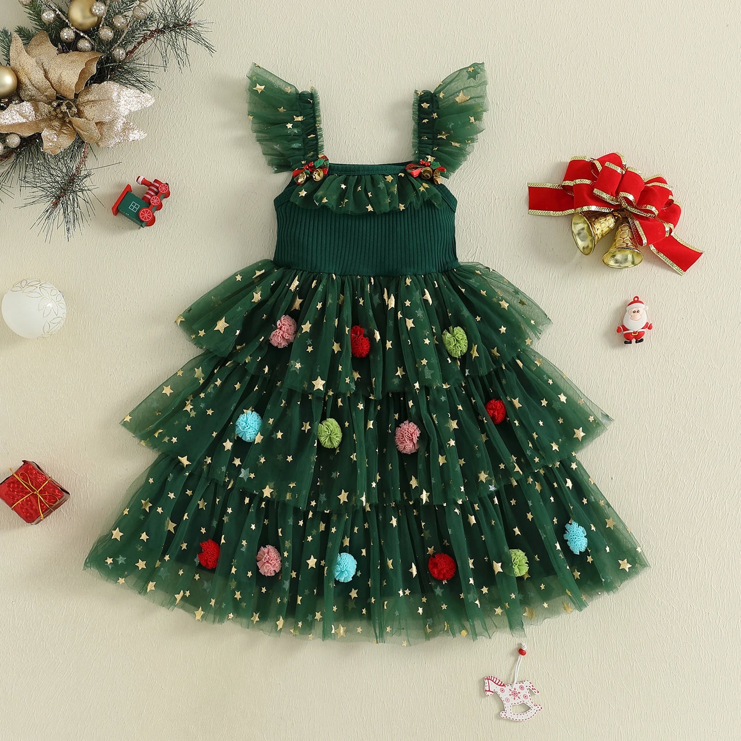 Girl's Christmas Princess Dress - Star Ball Square Neck Layered Tulle A-Line