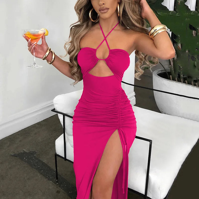 Women's Halter Backless Sleeveless Cut Out Maxi Elegant Party Slit Dress