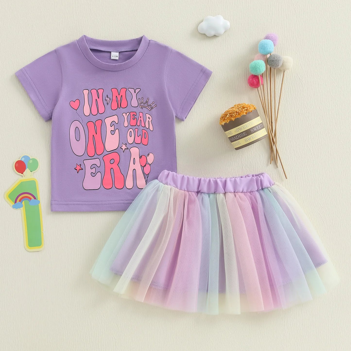 Baby Girls Birthday Clothes Sets 0-18M Short Sleeve Crown Letter Print Tops + Lace Tutu Skirt