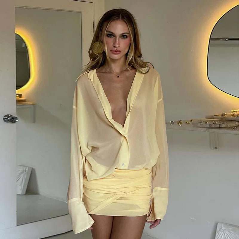 Women's See Through Shirt Mini Dress Flare Sleeve Party Bandage Ruched Lapel Dresses Outfit