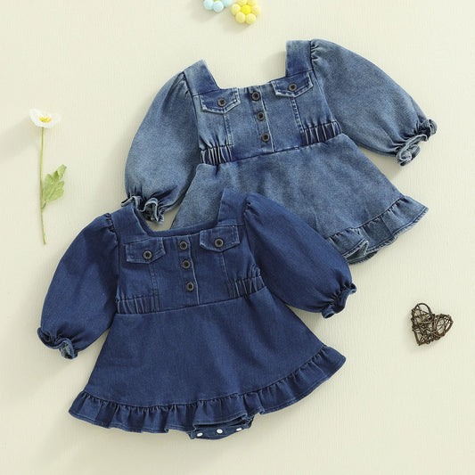 Baby Girls Denim Romper Dress - Square Neck Lantern Long Sleeve Bodysuit (0-24M)