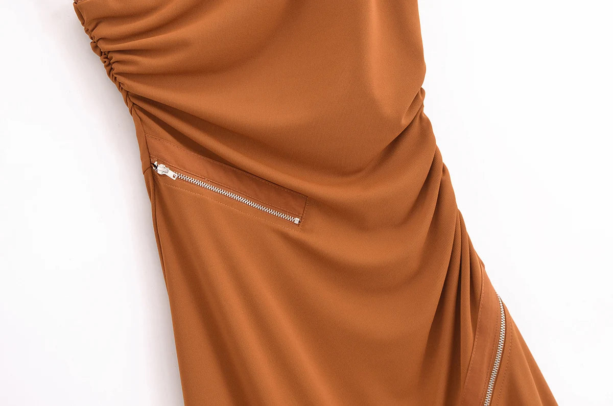 Women's Summer Pleated Temperament Slim Fit Zipper Decoration Asymmetrical Dress