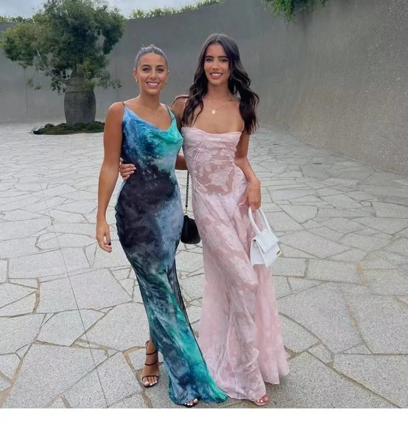 Women's See Through Spaghetti Maxi Plunge Off Shoulder Floral Mesh Patchwork Long Dress