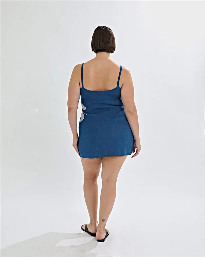 Women's Spaghetti Strap Print Knitwear Mini Robe Summer Sleeveless Backless Beach Dress