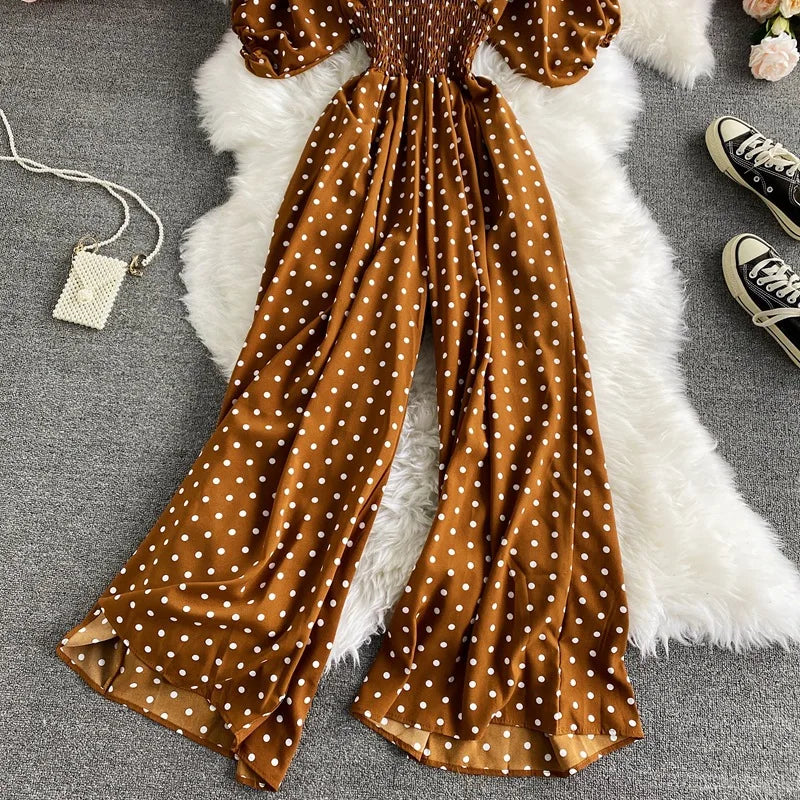 Women's V-Neck Polka Dot Jumpsuit - Wide Leg Trousers with Dolman Sleeves