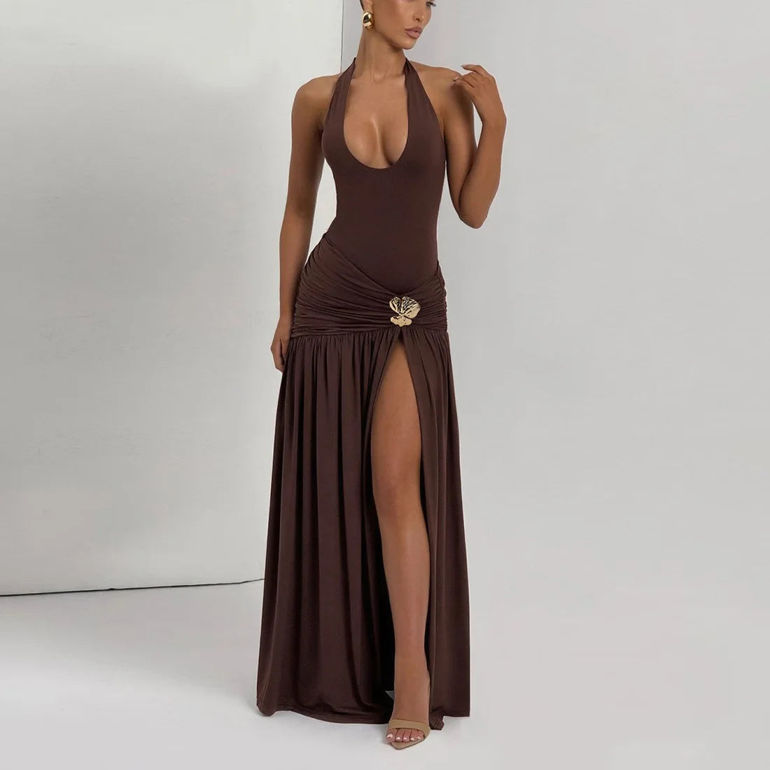Women's Elegant Halter Ruched Split Maxi Dress - Sleeveless Backless Gown