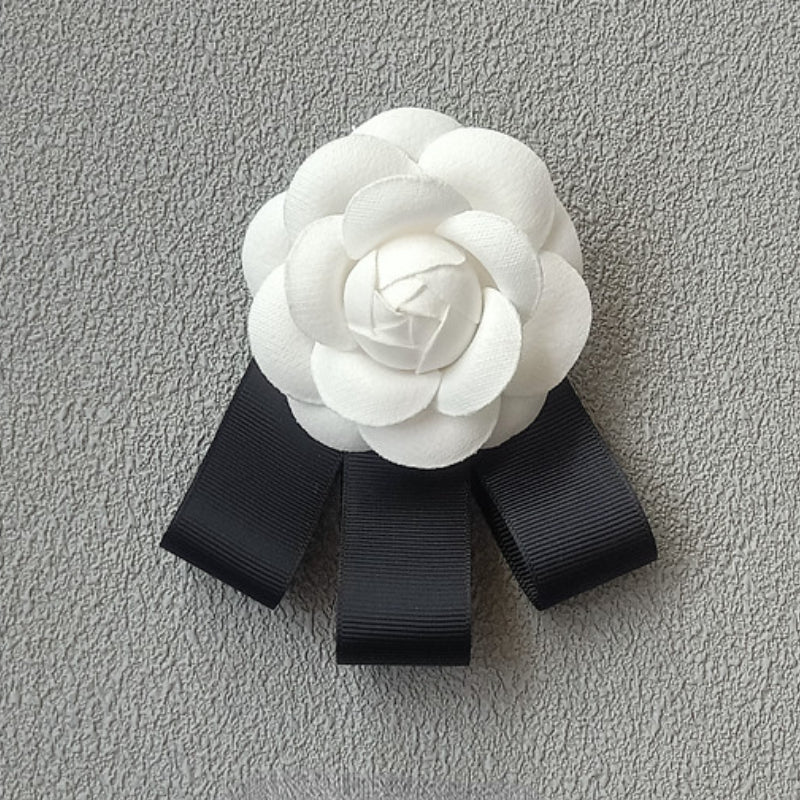 Fabric Camellia Flower Brooch - Ribbon Bow Tie Wedding Party Accessory