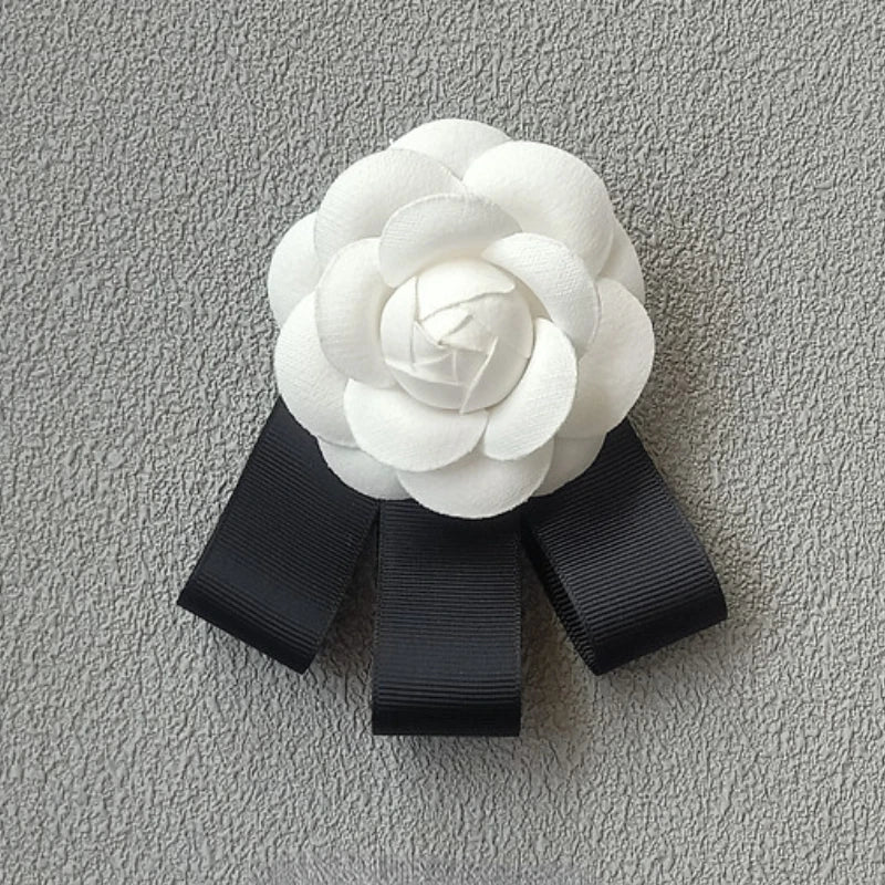 Fabric Camellia Flower Brooch - Ribbon Bow Tie Wedding Party Accessory