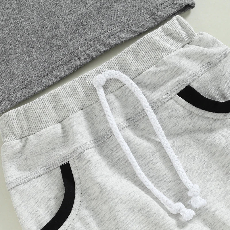 Valentine's Day Baby Boys Summer Outfit Set - Letter Print Grey T-Shirt & Pocket Pants (0-4Y)