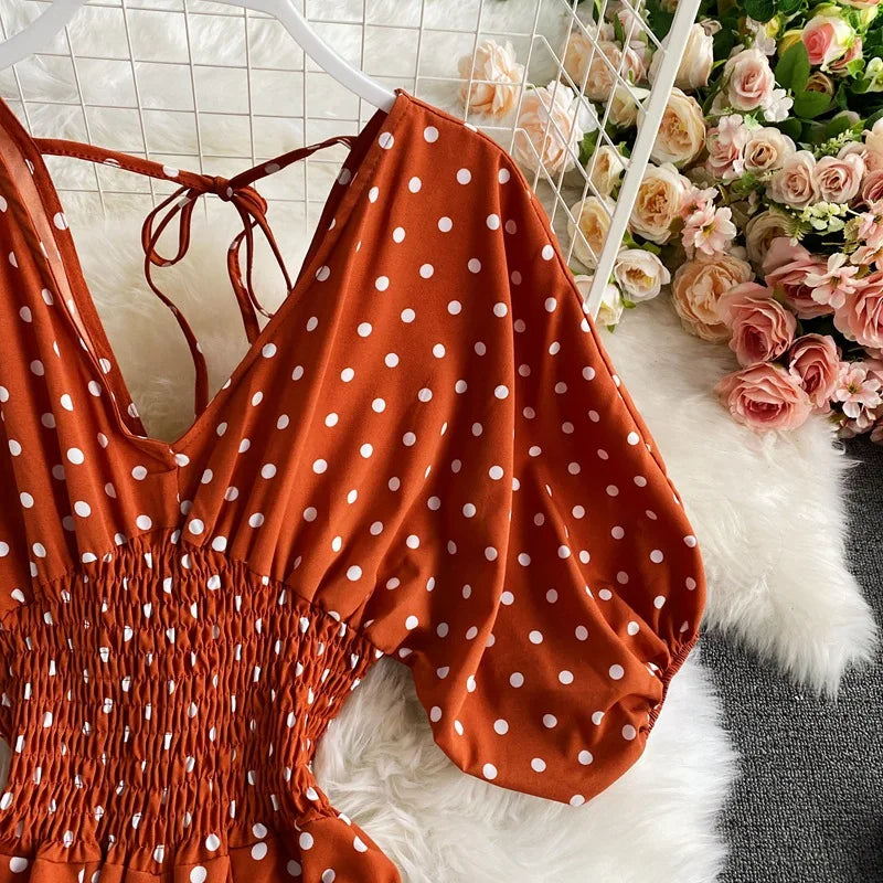 Women's V-Neck Polka Dot Jumpsuit - Wide Leg Trousers with Dolman Sleeves