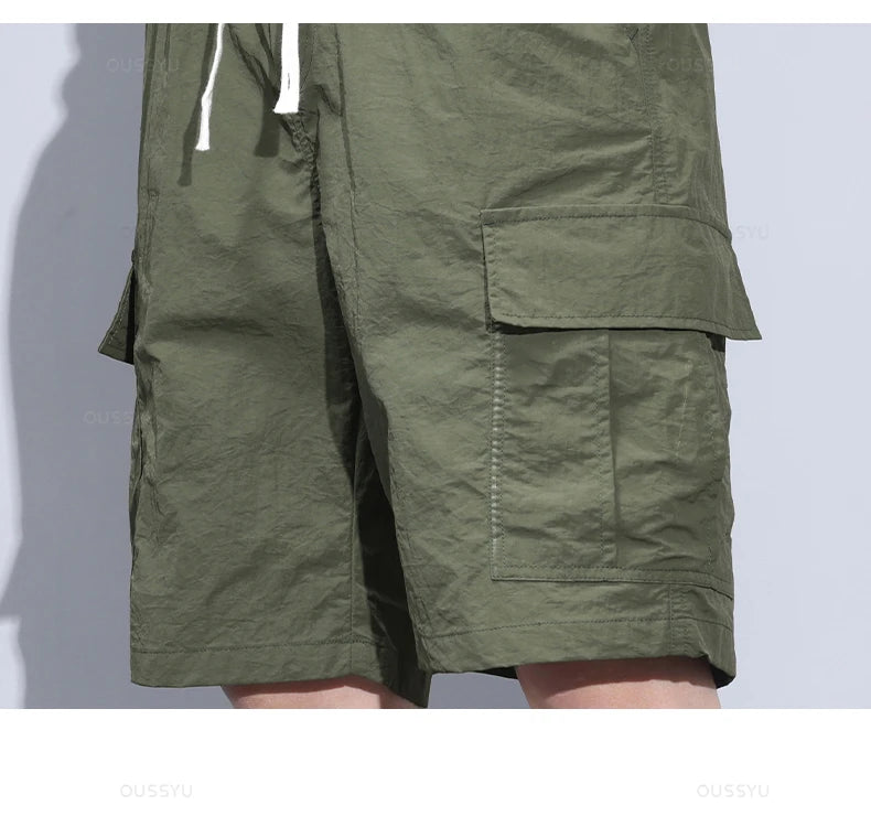 Summer Ultrathin Shorts Pants Men Cargo Work Side Pockets Joggers Grey Bermuda Knee Beach Nylon Short Pant Male Big Size M-5XL